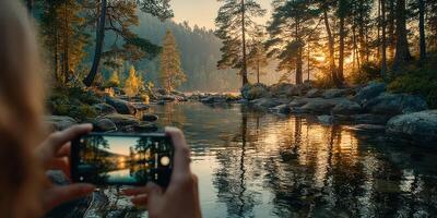 Capturing a serene sunset by the river with a smartphone while surrounded by nature and tall trees photo