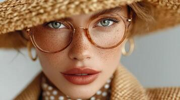 Woman with freckles wearing glasses and a wide-brimmed hat poses elegantly in a fashion-forward summer setting photo