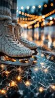 Sparkling ice skates glimmering under festive lights during an evening skate at a winter holiday rink photo