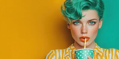 Bold beauty with teal hair enjoying a beverage against a vibrant yellow and turquoise backdrop photo