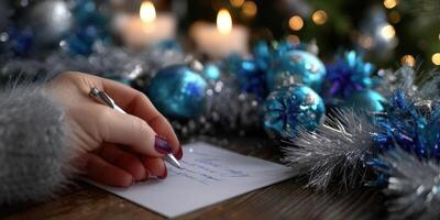 Festive environment with a hand writing a heartfelt message on a card surrounded by holiday decorations photo