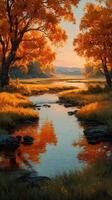 Serene autumn landscape featuring vibrant orange trees and a calm stream reflecting the sunset glow photo