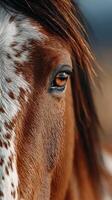 Close-up of a brown horse showcasing its striking eye and unique coat pattern in a natural setting during golden hour photo