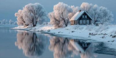 Winter landscape featuring a cozy cabin by a serene frozen river surrounded by frosted trees at dusk photo