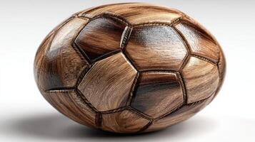 Decorative wooden soccer ball sculpture showcases craftsmanship and design in an artistic display photo