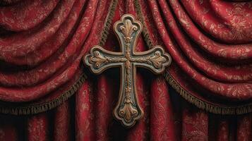 Decorative cross against rich red drapery in a serene setting during a quiet afternoon photo