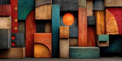 Vibrant abstract wooden panels arranged in geometric patterns with warm colors in a modern interior setting photo
