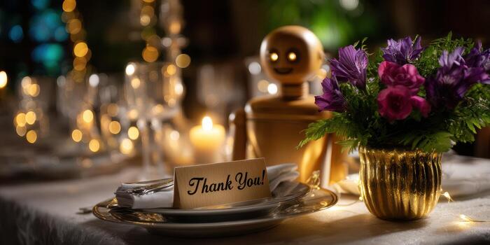 Elegant dinner setting features a thank you note and a decorative robot figure with flowers in a warm ambiance photo