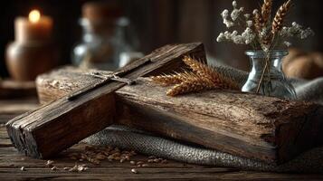 Rustic wooden cross with wheat and candles arranged on a textured surface in a serene setting photo