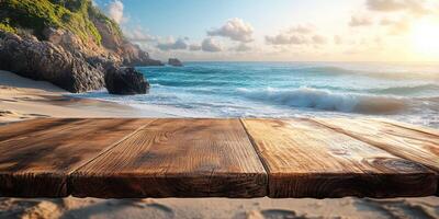 Rustic wooden table overlooking a serene beach at sunrise with gentle waves and rocky coastline photo