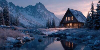 Snowy mountain cabin by a tranquil river during twilight near pine trees photo