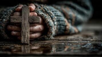 Hands hold a wooden cross in a serene setting, reflecting deep contemplation and spiritual significance in a rustic environment photo