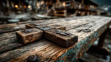 Rustic wooden cross resting on a weathered table in a historical site surrounded by nature during twilight photo