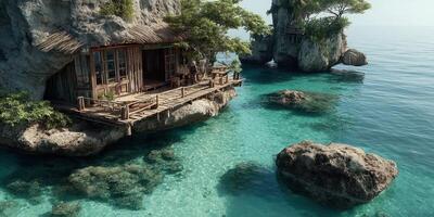 Beautiful seaside cabin on rocky coast with clear turquoise water during bright daylight photo