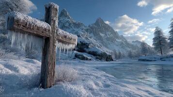 Snowy mountain landscape with a frozen lake and wooden cross in the foreground during late afternoon photo
