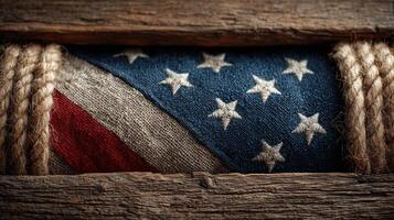Historic American flag displayed on rustic wood with rope details for an authentic vintage look and feel on a sunny day photo