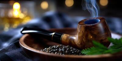 Rustic wooden pipe rests on a wooden bowl with herbs and smoke rising during an evening gathering in a cozy setting photo