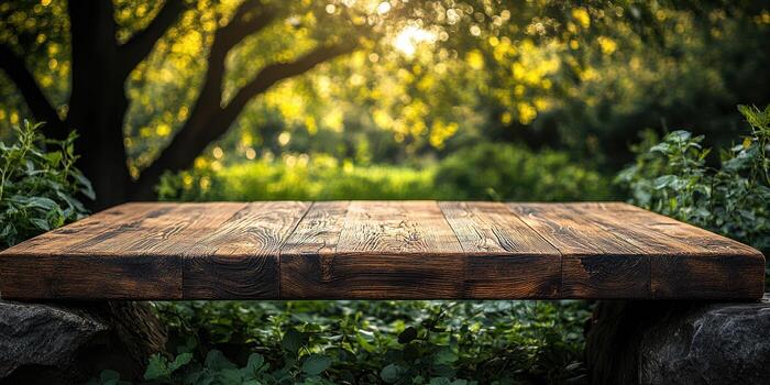 Wooden table set in a tranquil garden during golden hour surrounded by lush greenery and soft sunlight filtering through trees photo