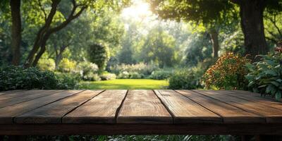 Sunlit garden view with a wooden table in the foreground, showcasing lush greenery and blooming flowers in the late afternoon photo