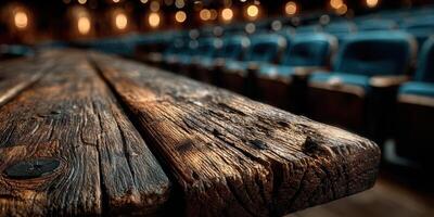 Wooden table in a theater with blue seats and warm ambient lighting in the background during a performance photo