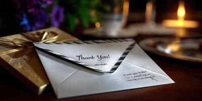 Handwritten thank you note on a decorated table with gift and candlelight ambiance in a cozy evening setting photo