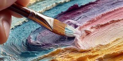 Hand holding a paintbrush applying vibrant colors to a textured canvas in an indoor art studio during daylight hours photo