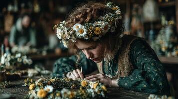Woman creating a flower crown in a rustic workshop during a sunny afternoon photo