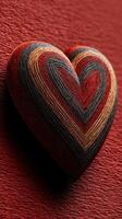 Colorful woven heart sculpture rests against a textured red background showcasing craftsmanship and artistic expression photo