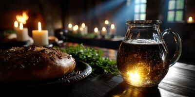 Dark tavern setting with illuminated ale and freshly baked bread resting on wooden table photo