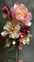 Beautiful bouquet of roses and peonies with raindrops against a soft backdrop photo