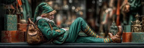 Festive elf resting and writing in a decorated shop during the holiday season photo