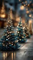 Holiday decorations illuminate a winter evening with sparkling trees and soft lights in a festive outdoor setting photo