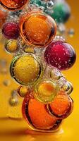 Colorful bubbles suspended in clear liquid create a vibrant display on a bright yellow background with a sense of dynamic motion photo