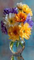 Colorful bouquet of flowers in a glass vase with vibrant blooms on a soft background photo