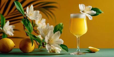 Bright yellow cocktail garnished with a flower and lemons on a colorful surface with green and yellow tones photo