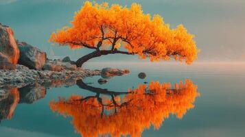 Vibrant orange tree reflecting in tranquil water at sunrise near rocky shoreline photo