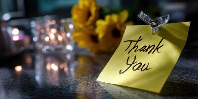 Gratitude note placed on a table beside warm candlelight and vibrant flowers during evening hours photo