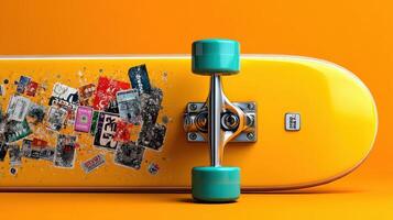 Skateboard with colorful stickers on a vibrant orange background, showcasing creativity and urban culture photo