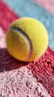 Yellow tennis ball resting on a red and blue court surface during a sunny day photo