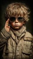 Young child in worn-out clothing strikes a confident pose wearing sunglasses in a dark background setting photo