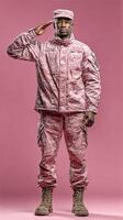 Military personnel salutes proudly in specialized camouflage uniform against a solid pink background showcasing dedication and honor photo