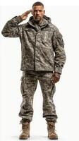 Military personnel saluting in modern camouflage uniform at a neutral background showcasing dedication and pride photo