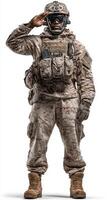 Military personnel saluting while wearing tactical gear and goggles in a studio setting during daylight photo