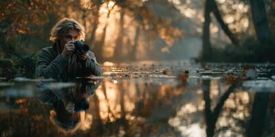 Photographer capturing nature reflection at tranquil lake during golden hour with trees in autumn foliage photo
