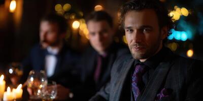 Sophisticated gathering of well-dressed men enjoying drinks at a candlelit evening gathering in a cozy lounge atmosphere photo