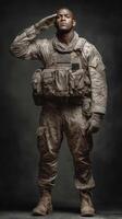 Military member in camouflage uniform saluting with pride in a solemn indoor setting at dusk photo