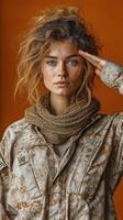 Young woman in military attire saluting against a vibrant orange backdrop photo