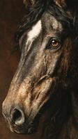 Majestic horse portrait showcasing intricate details of fur and expressive gaze in a warm, natural setting photo