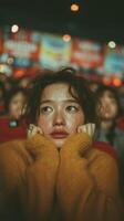 Young woman in yellow sweater watches movie with intense expression in crowded theater during evening screening photo