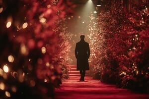 Person walking along a path lined with glowing red trees during an evening event in a festive setting photo